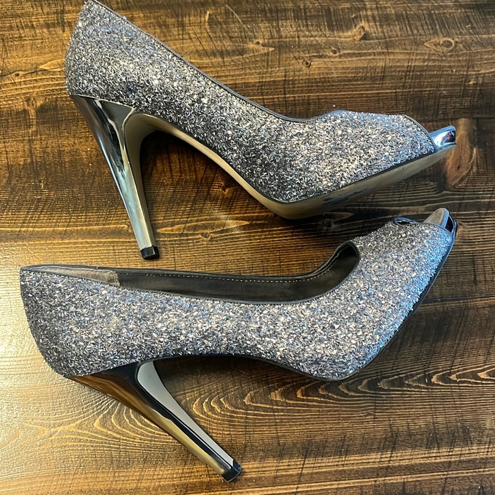 Nine West Silver Sparkle Peep Toe Stilettos - Picture 7 of 10